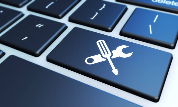 Computer assistance concept with work tool icon on a laptop keyboard 3D illustration to demonstrate Automation tools