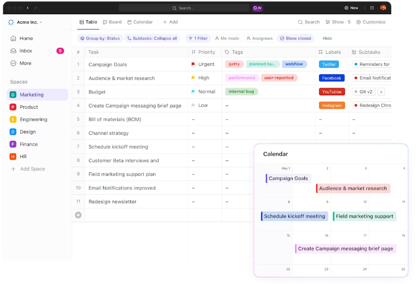 Example image of ClickUp project board in table style.